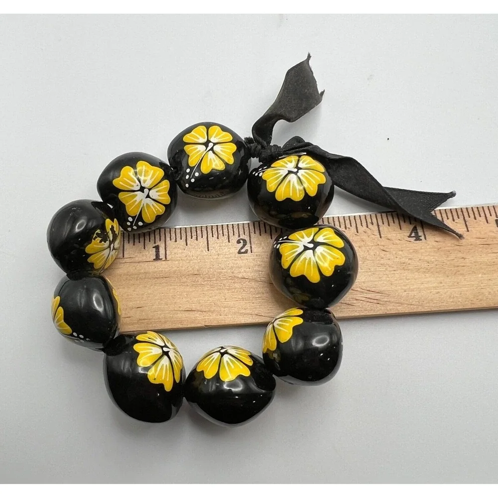 Hawaiian Necklace Bracelet Black Yellow Hibiscus‎ Flower Handmade Stretch